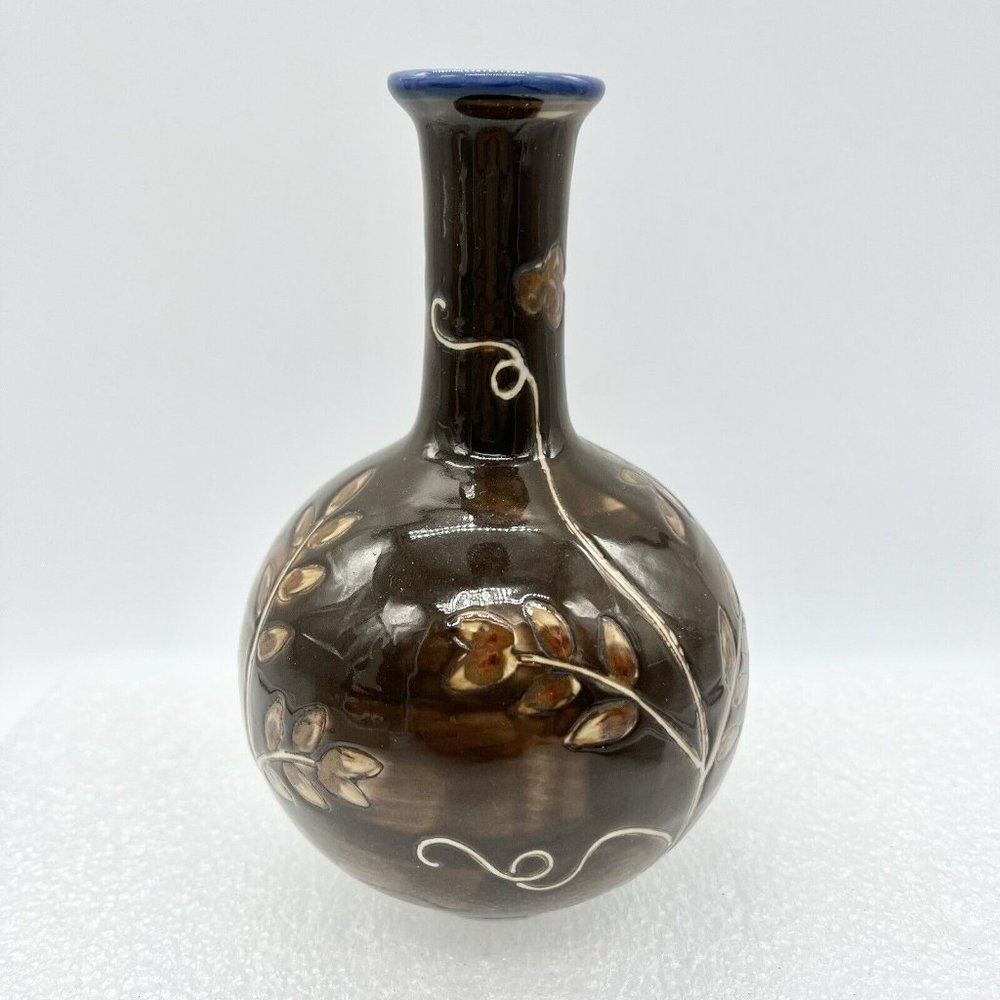 Victoria Hagan Perfect Pieces Brown White Ceramic Vase Leaves 6.5”